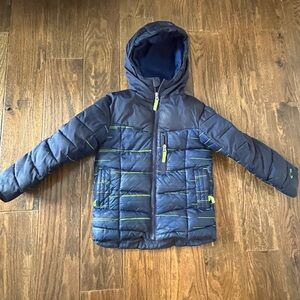 Champion Navy Hooded Puffer Jacket with Green Accents
